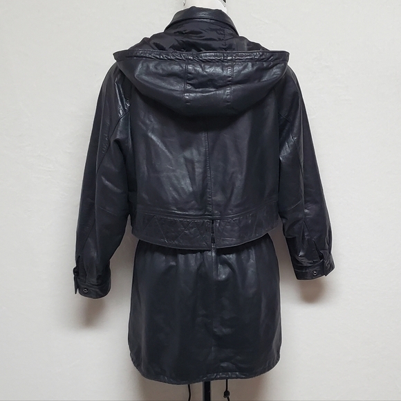 VINTAGE 80s Zenia Black Leather Hooded Tie-Waist Thermolite Lined Layered Jacket - Picture 12 of 16